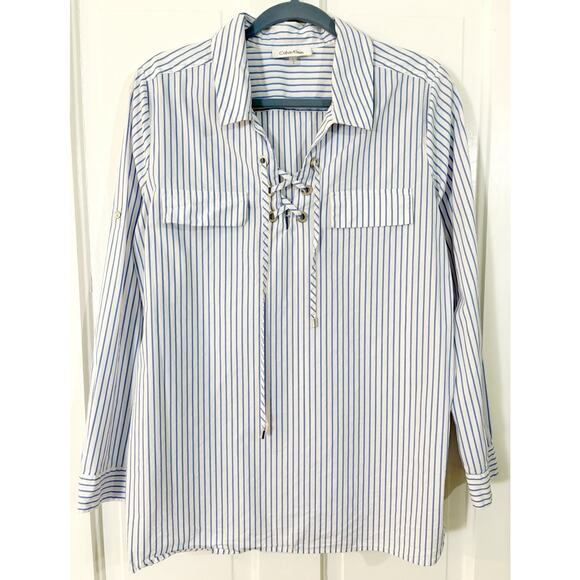 Calvin Klein Collection Tops - Calvin Klein Blouse Top L White Blue Stripe Nautical Tunic Roll Tab Sleeve Beach